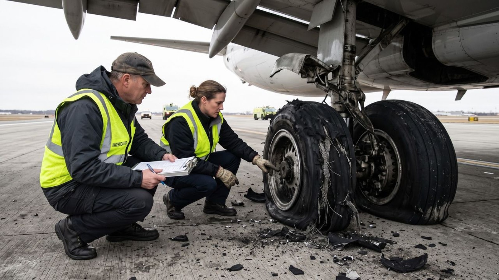Dois investigadores examinam pneus estourados de avião no asfalto, um com colete "INVESTIGATOR" visível