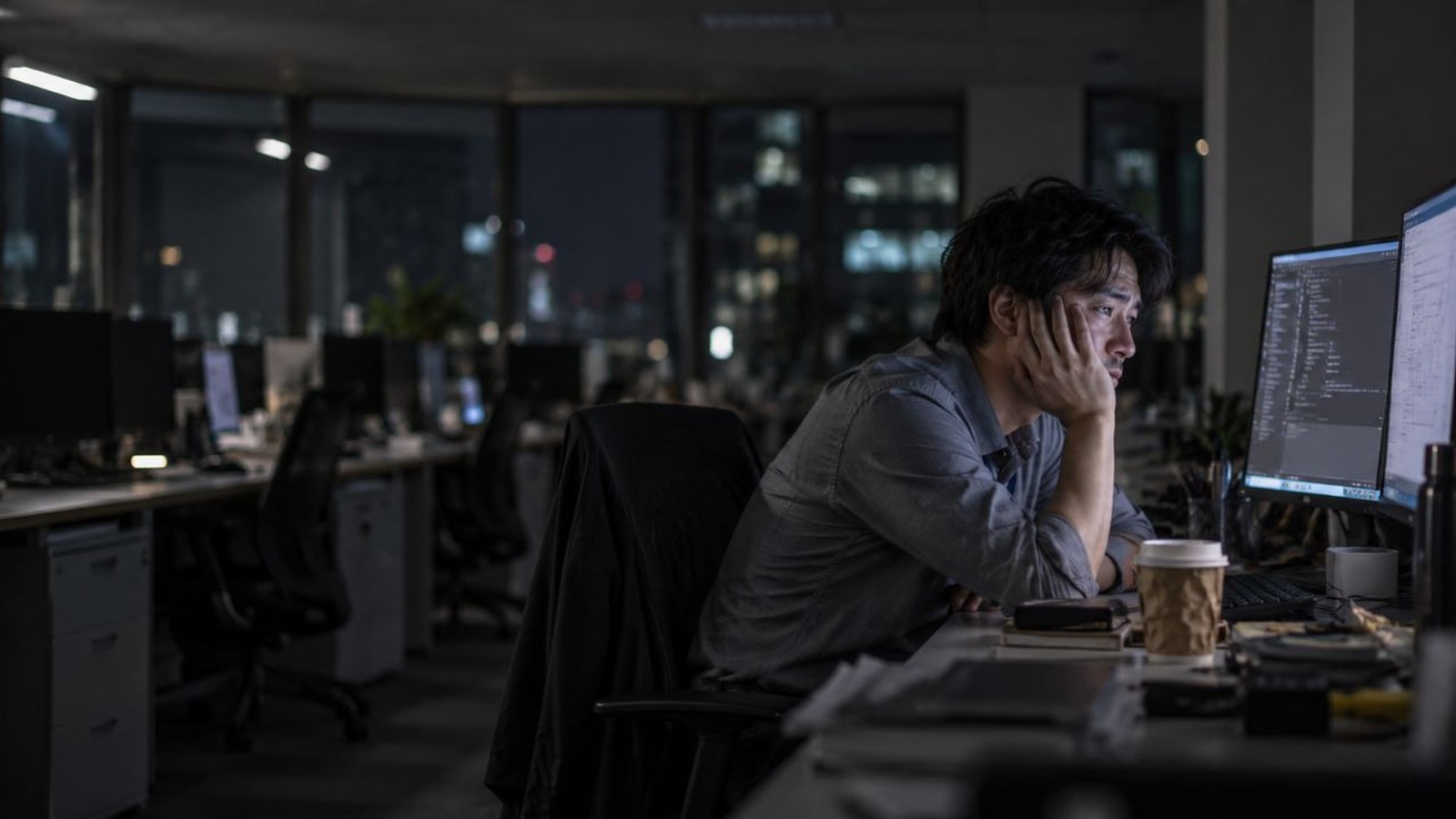 Homem asiático cansado olha monitores de computador em escritório noturno com luzes da cidade ao fundo