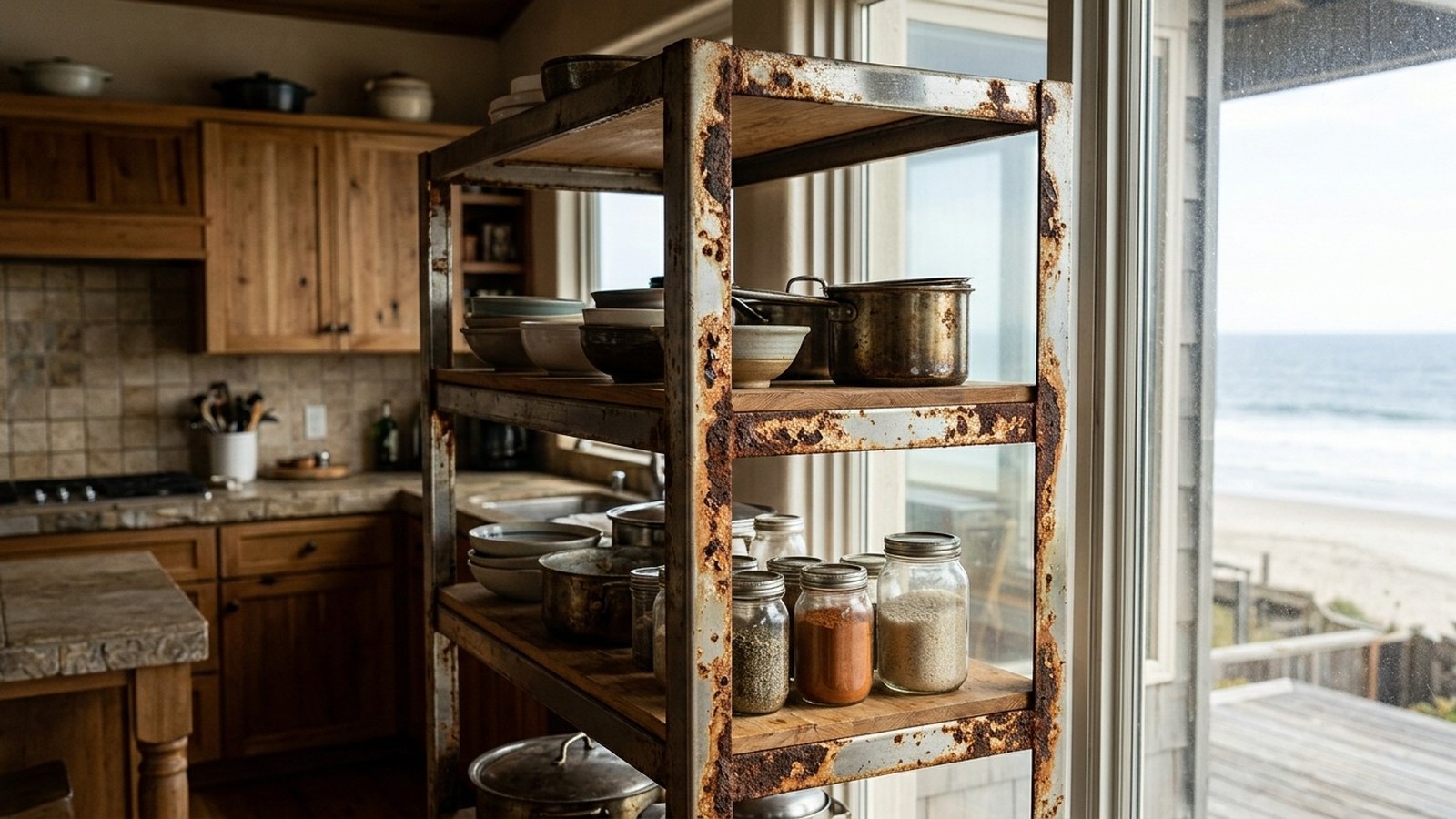Estante de metal enferrujado com utensílios de cozinha, janela com vista para o oceano e praia.