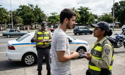 Dois agentes de trânsito (Detran-RJ) e um civil conversam em fiscalização, carro e moto policiais