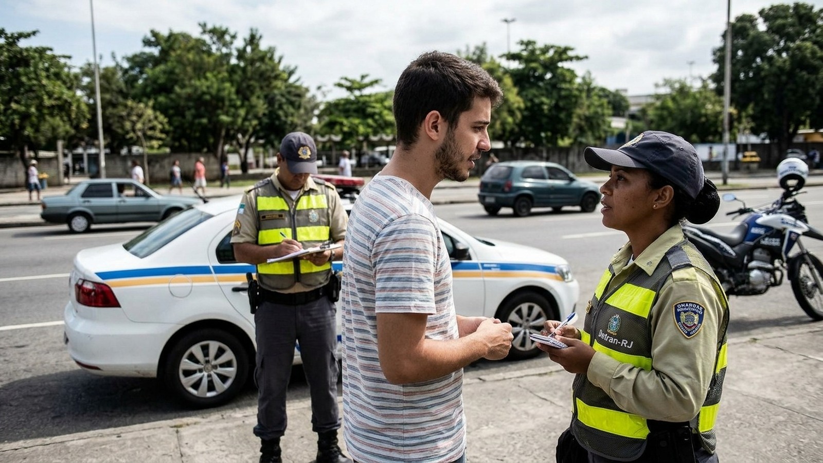 Dois agentes de trânsito (Detran-RJ) e um civil conversam em fiscalização, carro e moto policiais