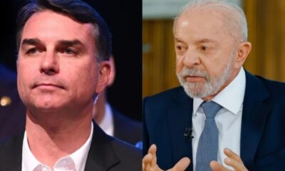 Flávio Bolsonaro e Lula em imagem dividida, ambos com ternos e camisas sociais
