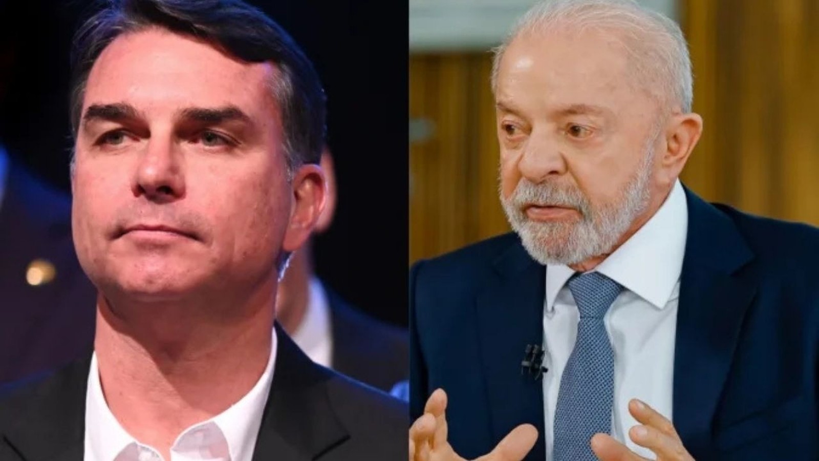 Flávio Bolsonaro e Lula em imagem dividida, ambos com ternos e camisas sociais