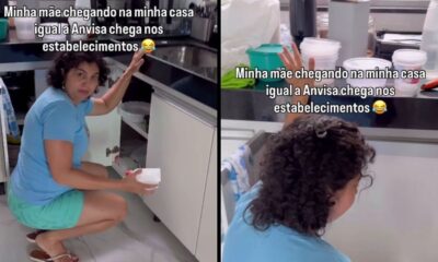 Mulher agachada na cozinha, abrindo armário, com texto sobre mãe e Anvisa