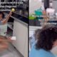 Mulher agachada na cozinha, abrindo armário, com texto sobre mãe e Anvisa