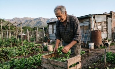 Homem idoso colhe vegetais em horta rústica, com casa simples e montanhas ao fundo