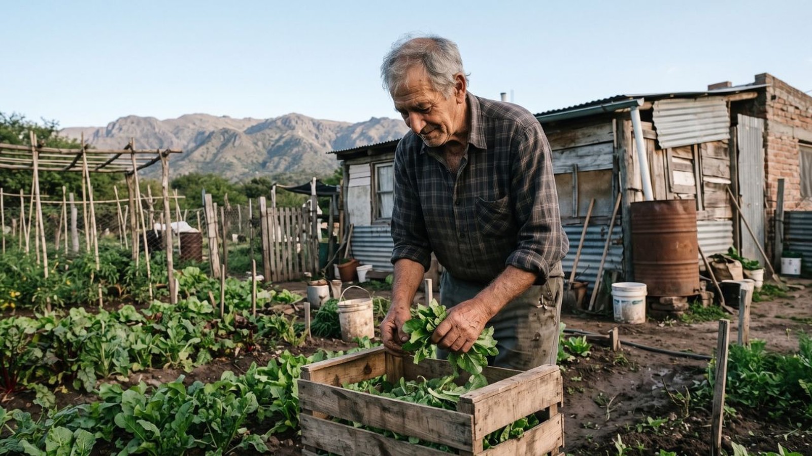 Homem idoso colhe vegetais em horta rústica, com casa simples e montanhas ao fundo
