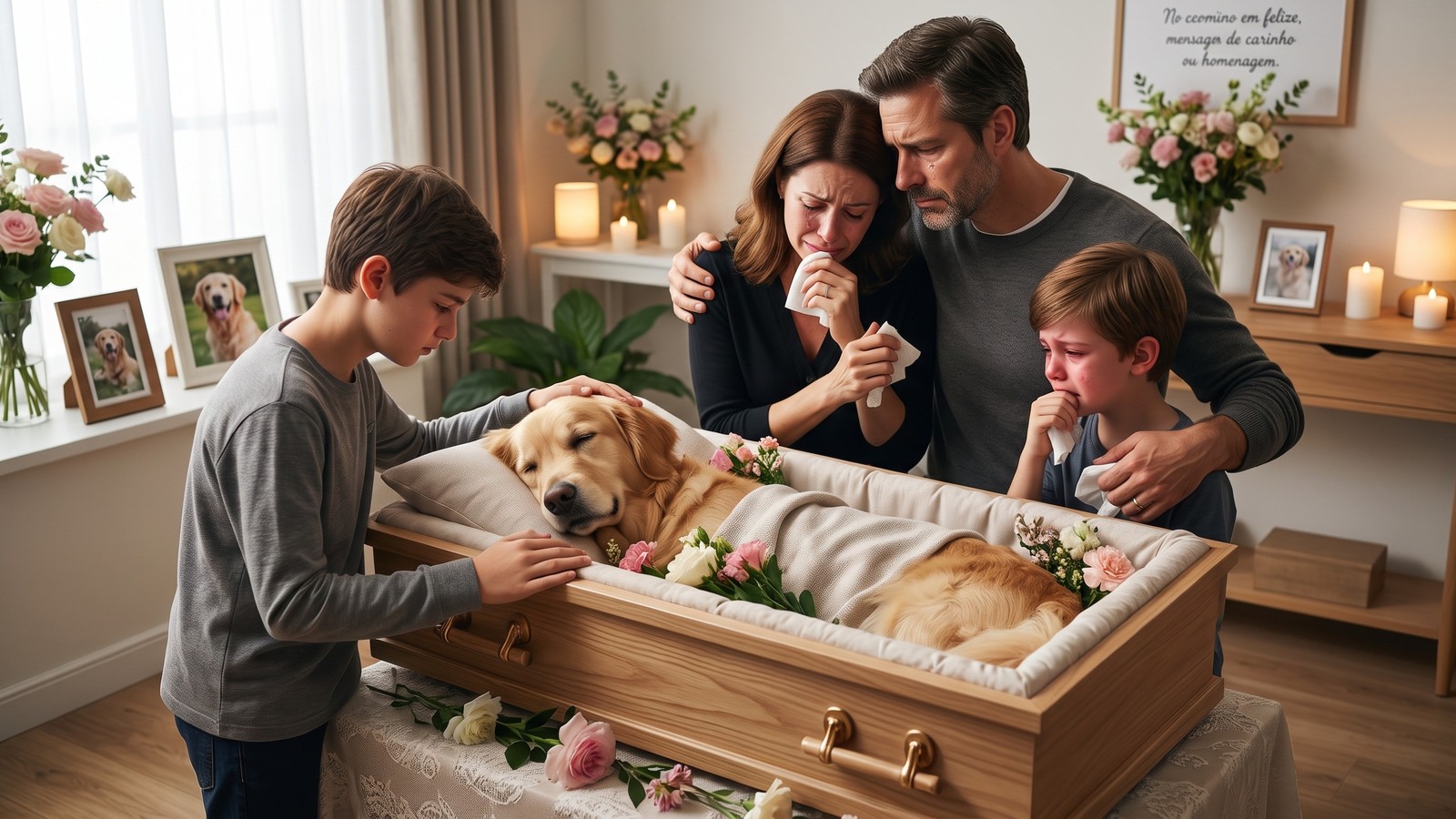 Família enlutada chora a perda de cachorro golden retriever em caixão com flores e fotos