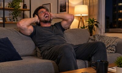 Homem sentado no sofá cobrindo os ouvidos com as mãos, expressão de dor devido a barulho