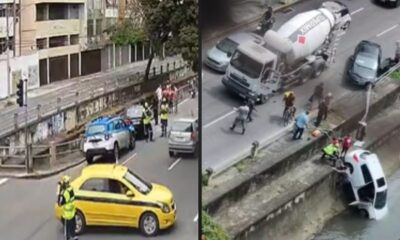 Split image: Traffic interdiction scene; car in canal, cement truck, rescue efforts