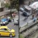 Split image: Traffic interdiction scene; car in canal, cement truck, rescue efforts
