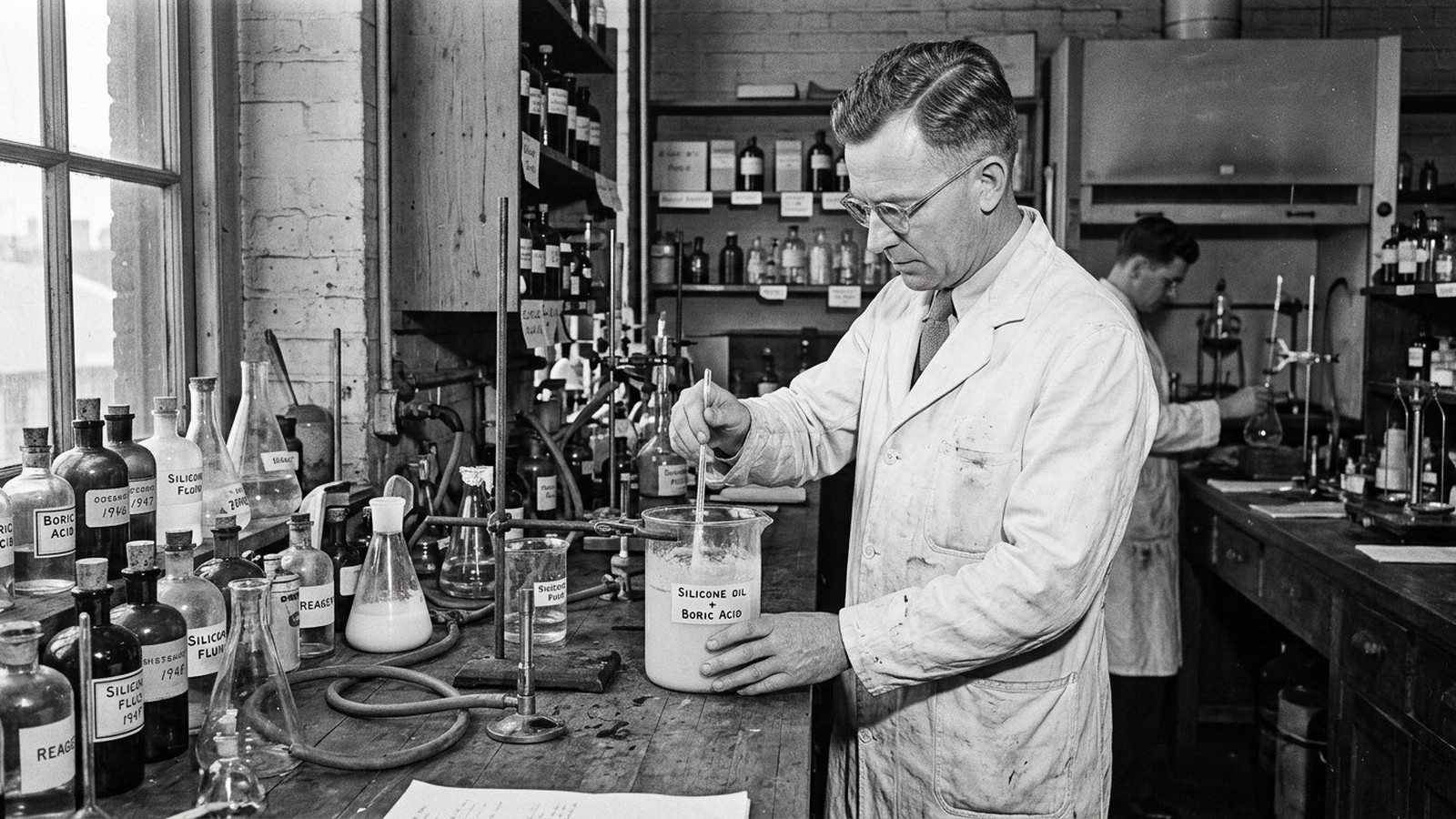 Cientista de jaleco e óculos mistura óleo de silicone e ácido bórico em um béquer dentro de um laboratório