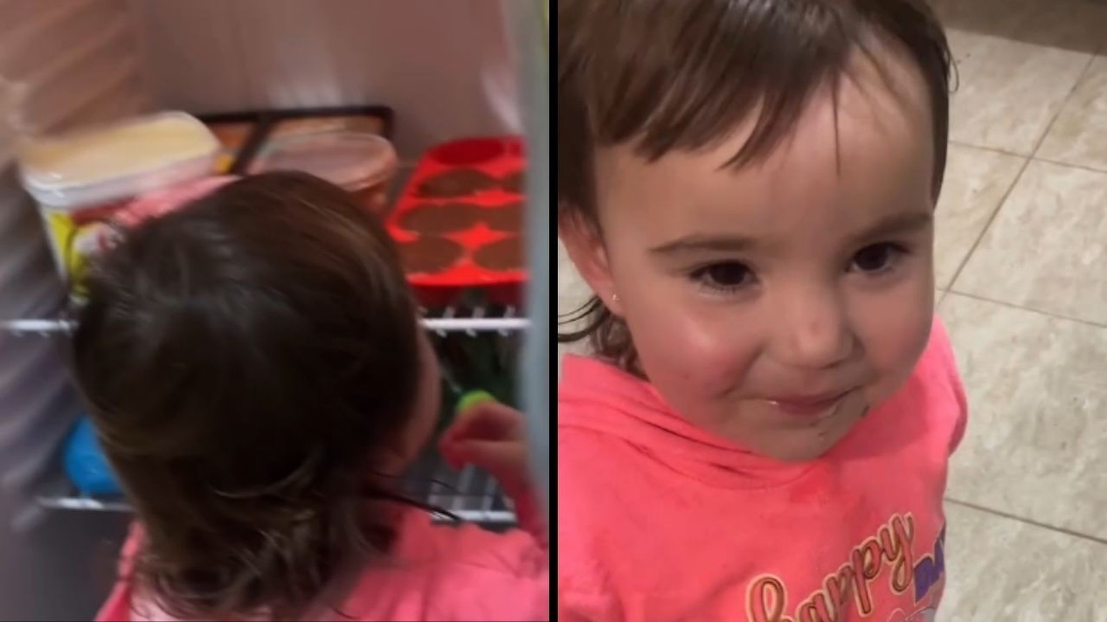 Criança na geladeira comendo doce e depois sorrindo com boca suja de chocolate