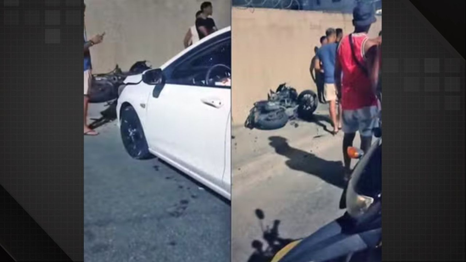 Carro branco e motocicleta danificada no chão após acidente com pessoas ao redor