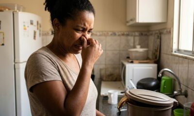 Mulher tapa nariz com nojo, lixeira aberta com lixo orgânico e moscas na cozinha