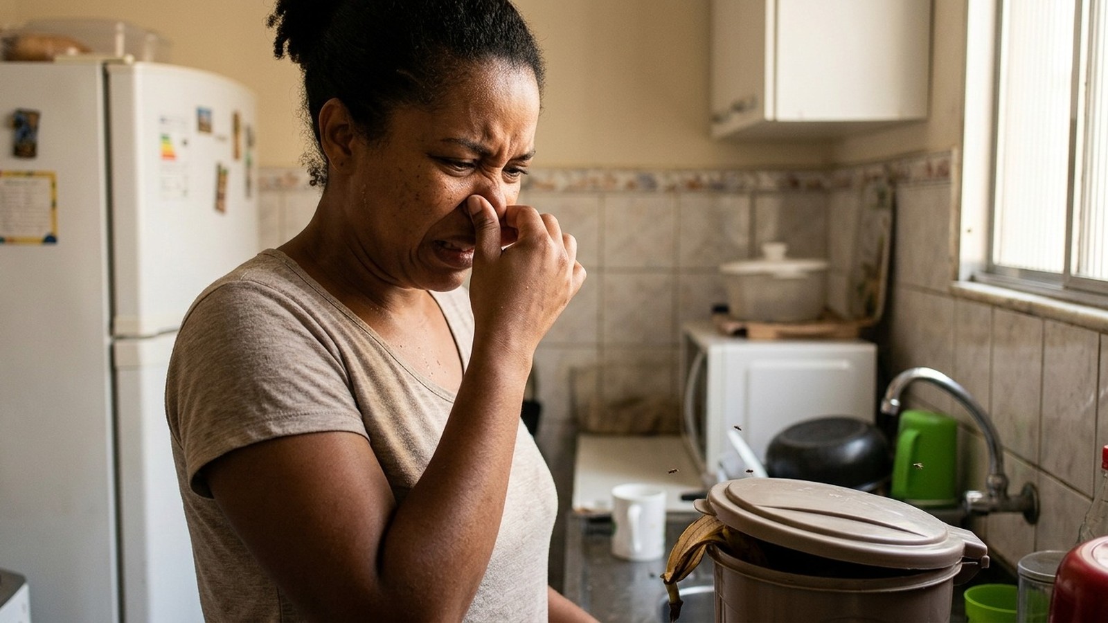 Mulher tapa nariz com nojo, lixeira aberta com lixo orgânico e moscas na cozinha