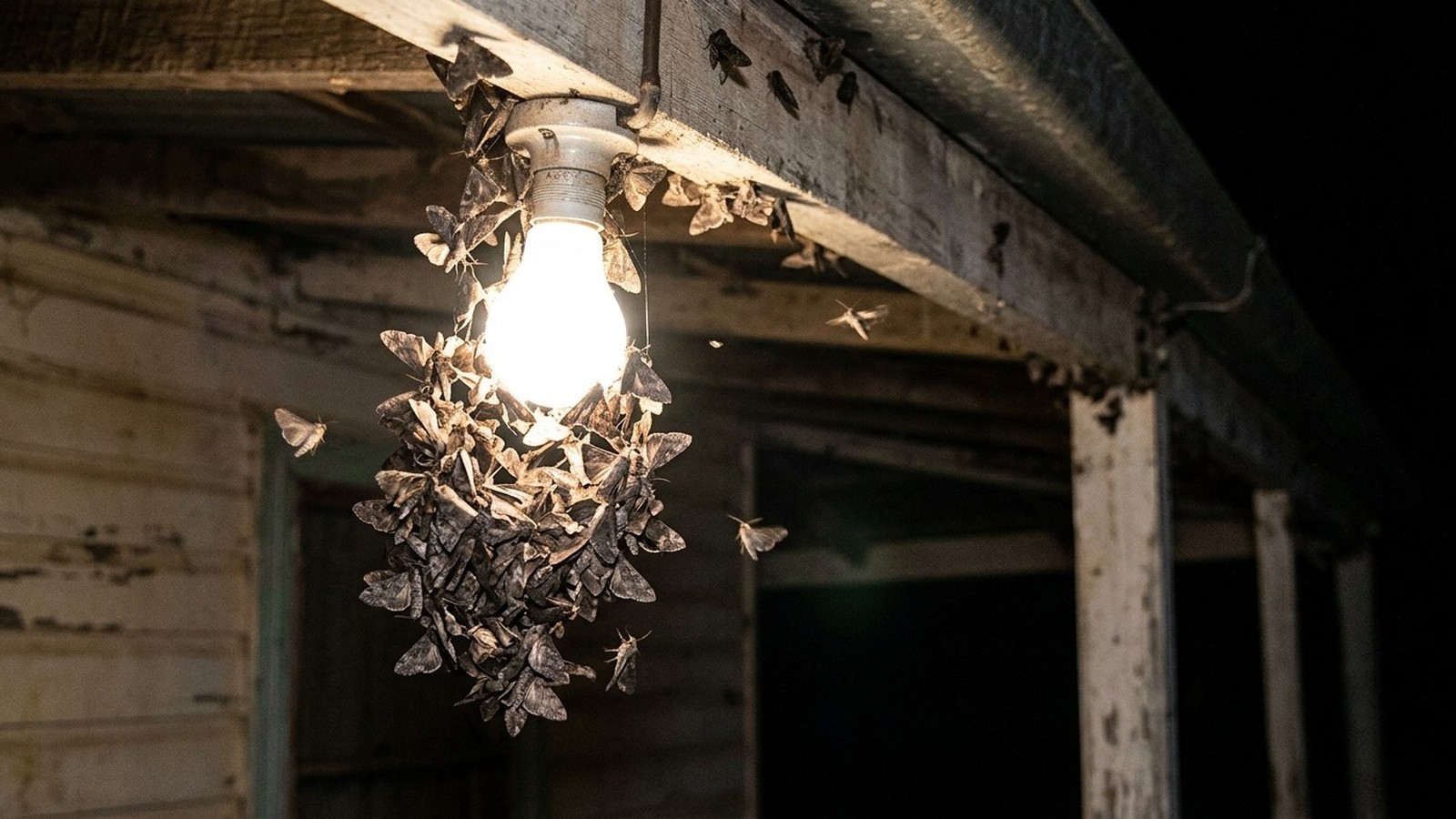 Lâmpada acesa coberta por muitas mariposas pendurada em uma estrutura de madeira