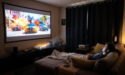 Homem no sofá vendo filme de ação na tela de projeção em sala escura
