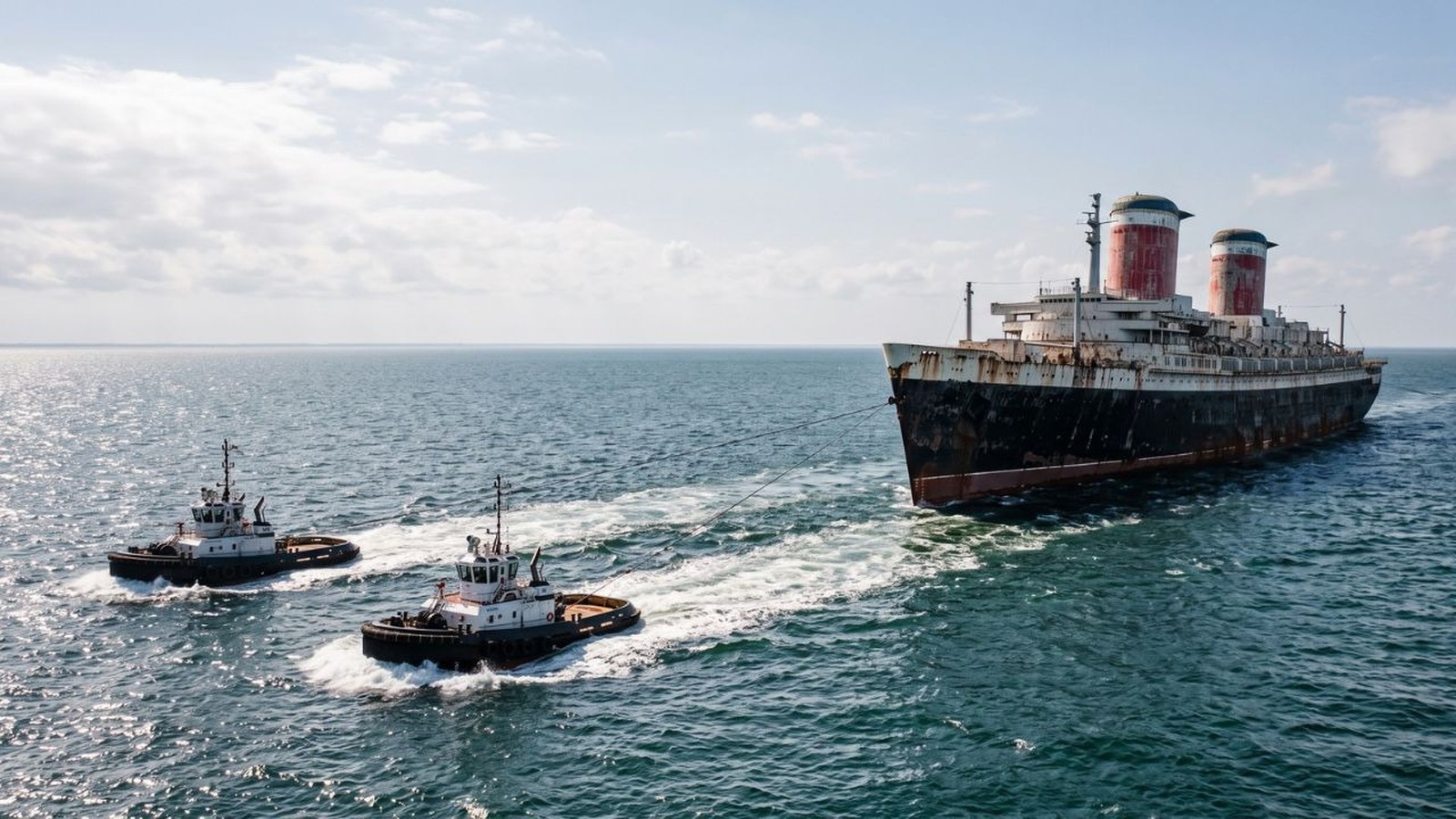 Dois rebocadores puxam um grande navio de passageiros enferrujado com duas chaminés em mar aberto