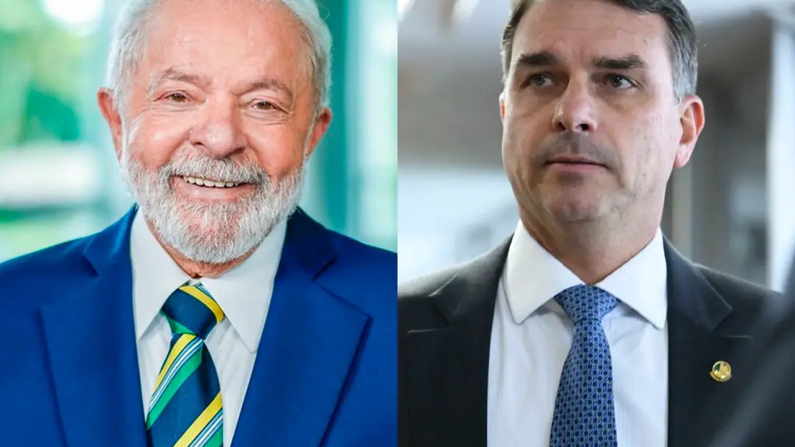 Lula sorridente de terno azul e Flávio Bolsonaro sério de terno escuro, lado a lado