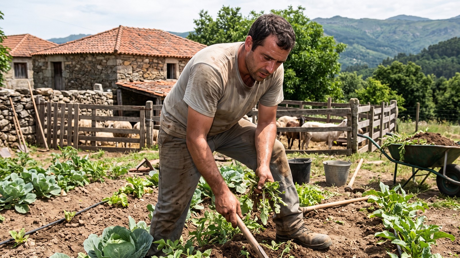 Homem suado capinando horta, com ferramentas, plantas, casas de pedra e ovelhas ao fundo