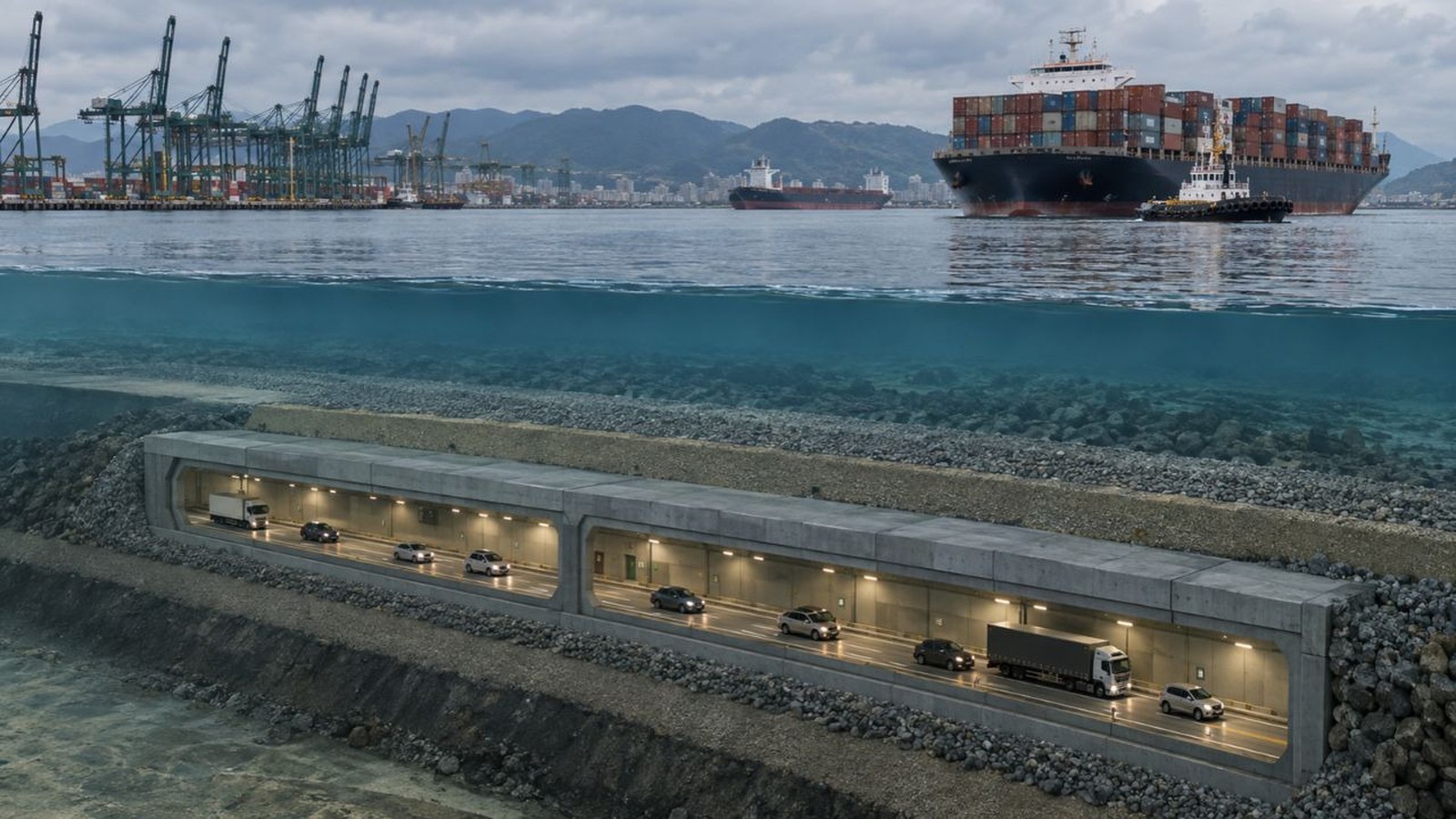 Renderização de um túnel imerso para veículos abaixo da água, com navios e um porto acima