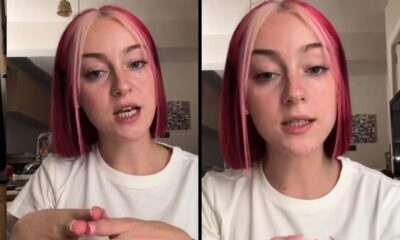 Jovem mulher com cabelo rosa e loiro, piercing no nariz, falando para a câmera em dois quadros