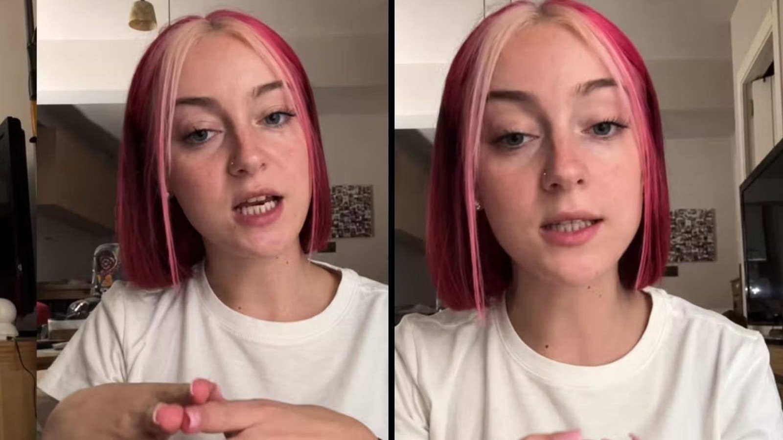 Jovem mulher com cabelo rosa e loiro, piercing no nariz, falando para a câmera em dois quadros