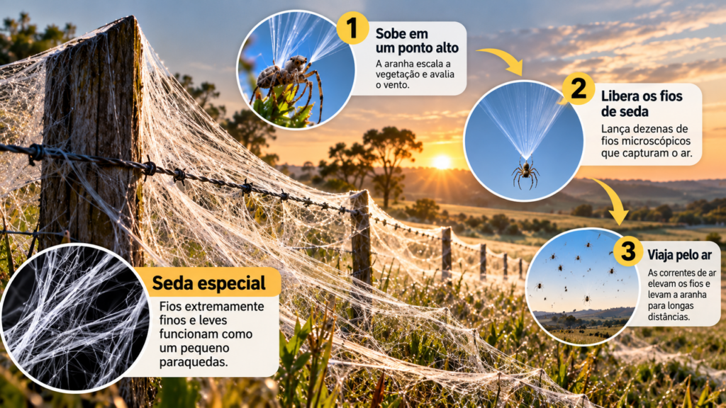 Milhares de aranhas surgem de repente em campos e cercas e criam enormes mantos de seda que cobrem a vegetação durante um fenômeno natural raro provocado por ventos e mudanças nas condições ambientais