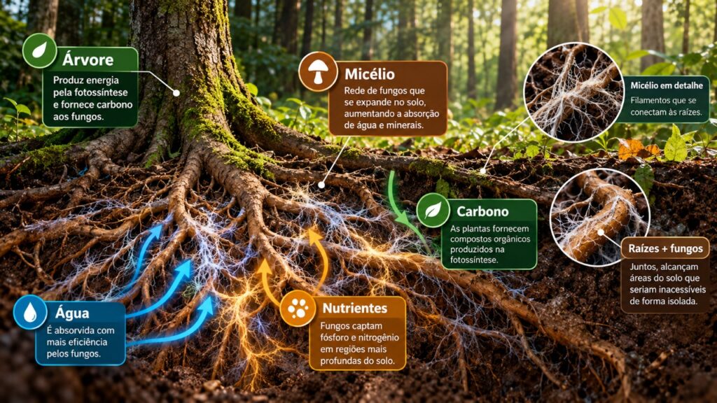 As árvores conseguem trocar substâncias químicas com organismos que vivem no solo, e essa relação subterrânea revela como as florestas dependem de interações invisíveis para manter seu equilíbrio