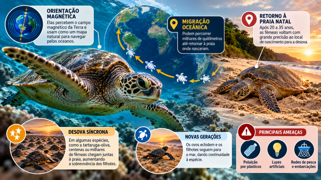 Milhares de tartarugas marinhas chegam às praias durante uma jornada impressionante que atravessa oceanos e revela como esses animais conseguem retornar ao local de nascimento depois de décadas