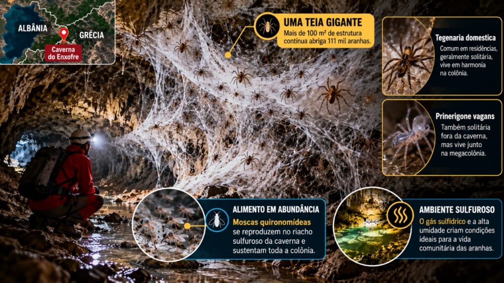 Teia de aranha cobre 106 metros quadrados de uma caverna na divisa entre Albânia e Grécia, abrigando mais de 111 mil animais