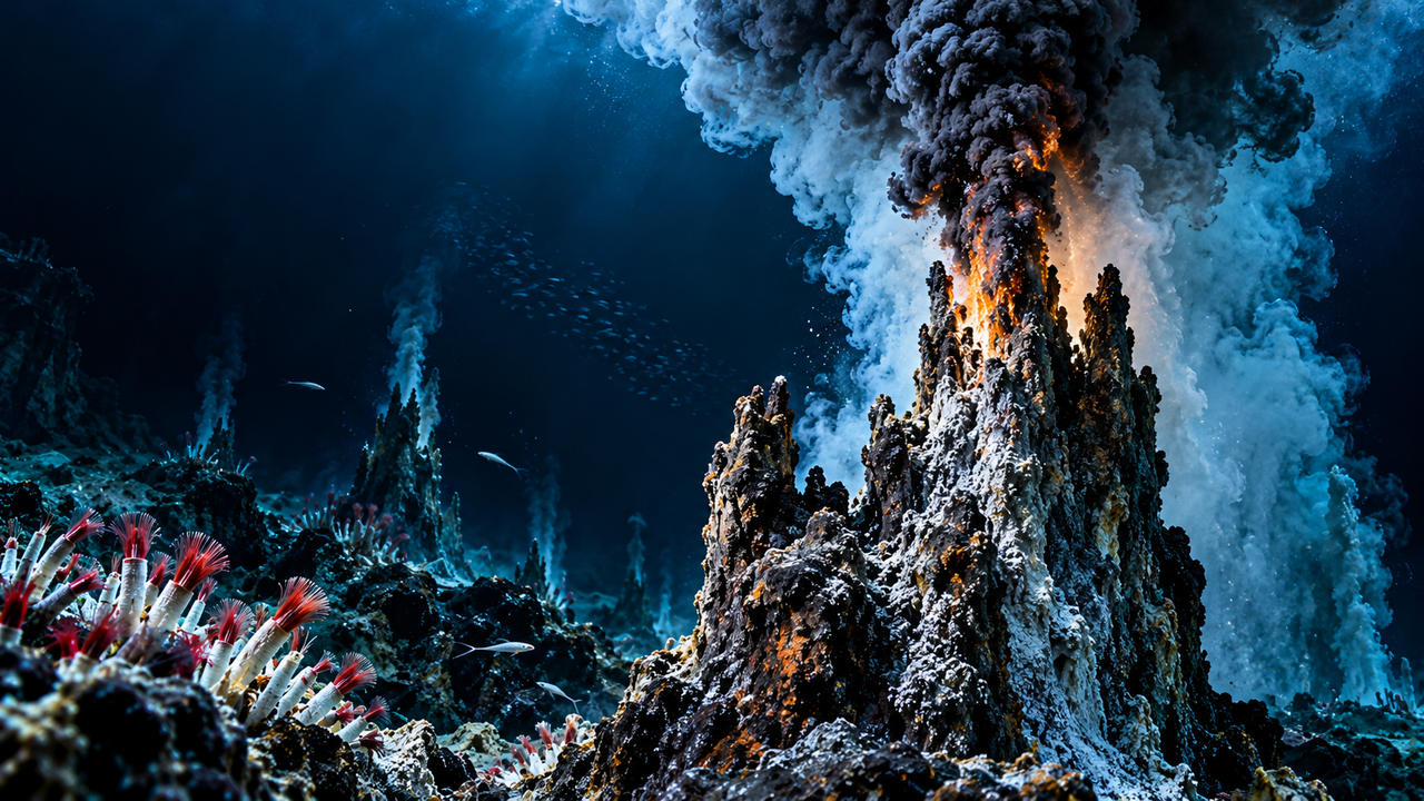 A milhares de metros de profundidade no Oceano Índico, cientistas investigam fontes hidrotermais que liberam minerais e sustentam comunidades de seres vivos capazes de sobreviver sem depender diretamente da luz solar