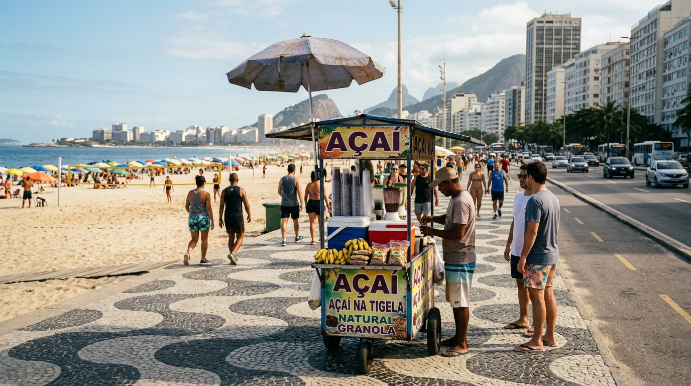 Vender açaí na praia de Copacabana custa cerca de R$ 95 por ano de licença e R$ 7 por copo: a conta de quem trabalha na areia