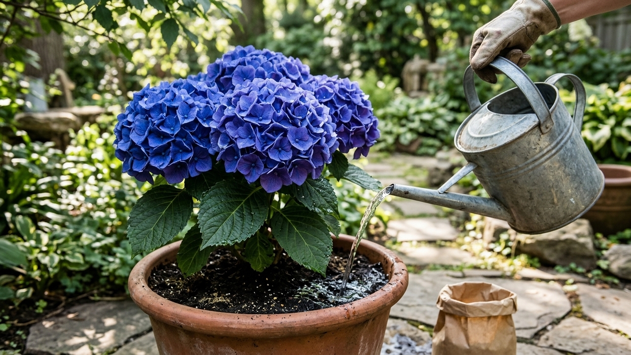 O líquido ácido comum de cozinha que você deve pingar na água da rega para mudar a cor e turbinar a floração da hortênsia no vaso