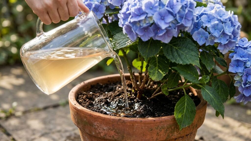 O líquido ácido comum de cozinha que você deve pingar na água da rega para mudar a cor e turbinar a floração da hortênsia no vaso