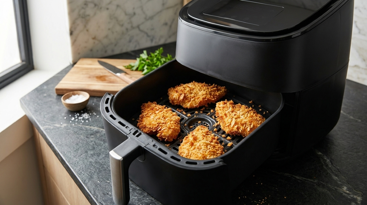 Air fryer com gaveta aberta mostrando filés de frango empanados dourados e crocantes, organizados com espaço entre eles para um cozimento uniforme. - Imagem ilustrativa criada por inteligência artificial