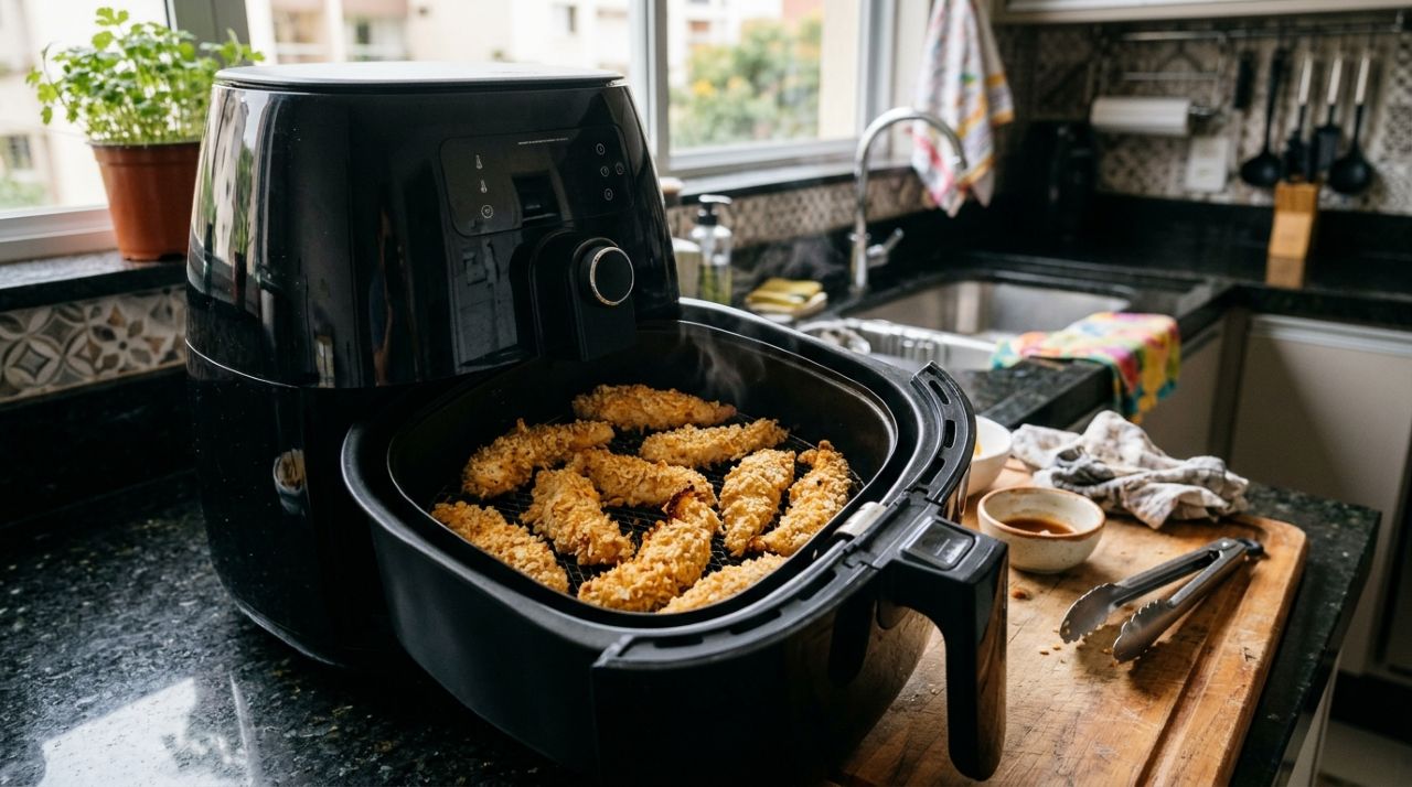 O frango crocante de air fryer fica ainda mais saboroso com 500 g de peito de frango, farinha de rosca e temperos simples
