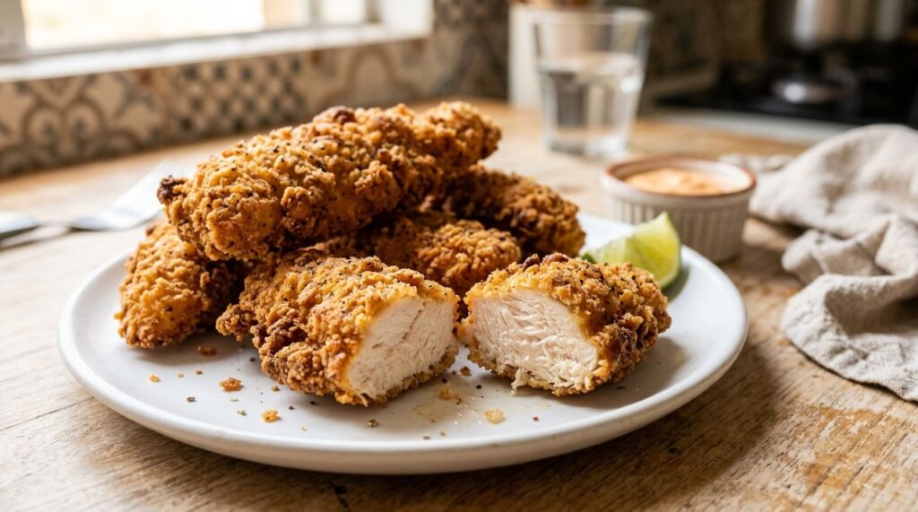 O frango crocante de air fryer fica ainda mais saboroso com 500 g de peito de frango, farinha de rosca e temperos simples