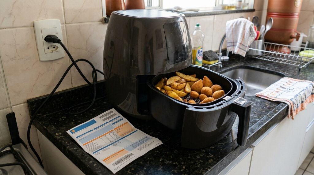 Família compra uma air fryer de 5 litros para preparar refeições sem usar o forno convencional e descobre como a potência do equipamento, o tempo de preparo e a quantidade de alimentos colocados no cesto influenciam o consumo elétrico
