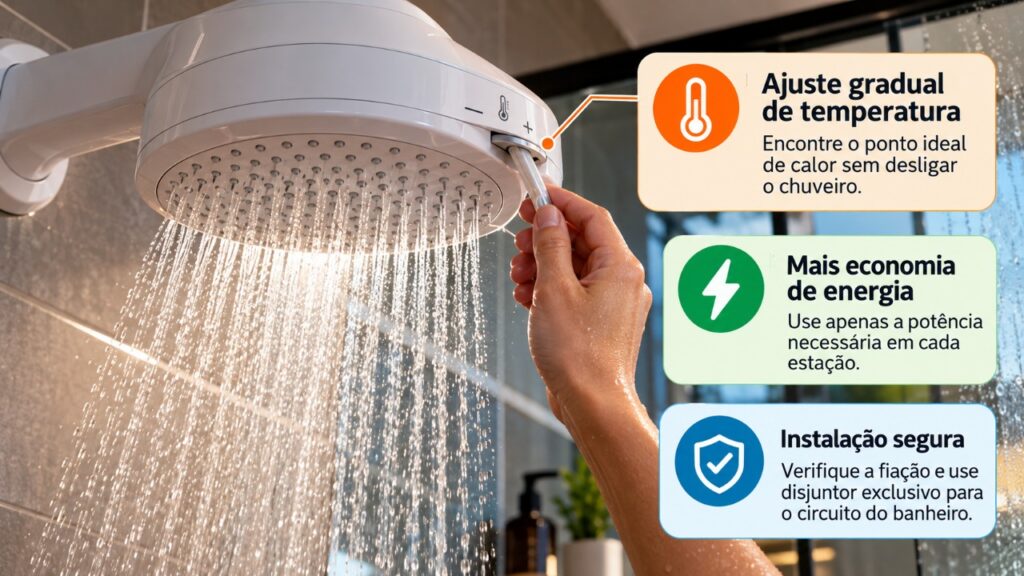Família troca o chuveiro comum por um modelo com controle eletrônico de temperatura e descobre como pequenos ajustes podem transformar o conforto do banho e evitar aquelas mudanças bruscas entre água quente e fria