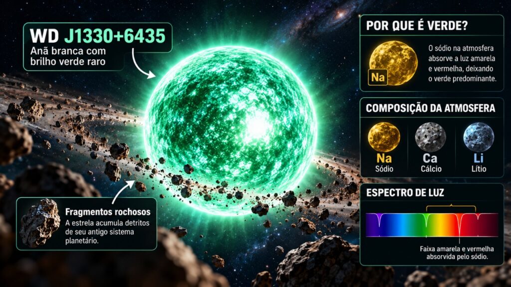 Astrônomos identificam uma estrela anã branca que parece verde aos olhos humanos e descobrem o fenômeno químico por trás dessa cor incomum