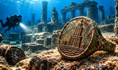 O anel de bronze encontrado nas ruínas submersas de um antigo palácio egípcio que representa o Farol de Alexandria e por que o objeto chamou a atenção dos arqueólogos.