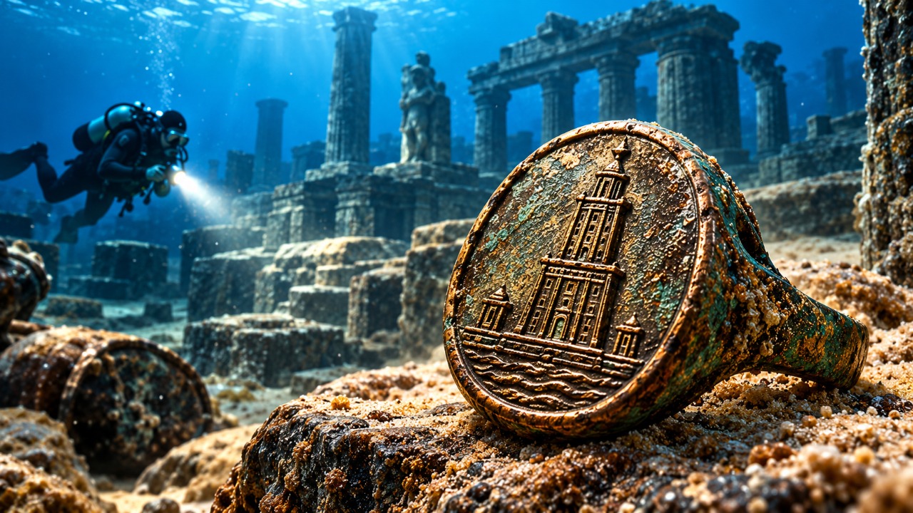 O anel de bronze encontrado nas ruínas submersas de um antigo palácio egípcio que representa o Farol de Alexandria e por que o objeto chamou a atenção dos arqueólogos.