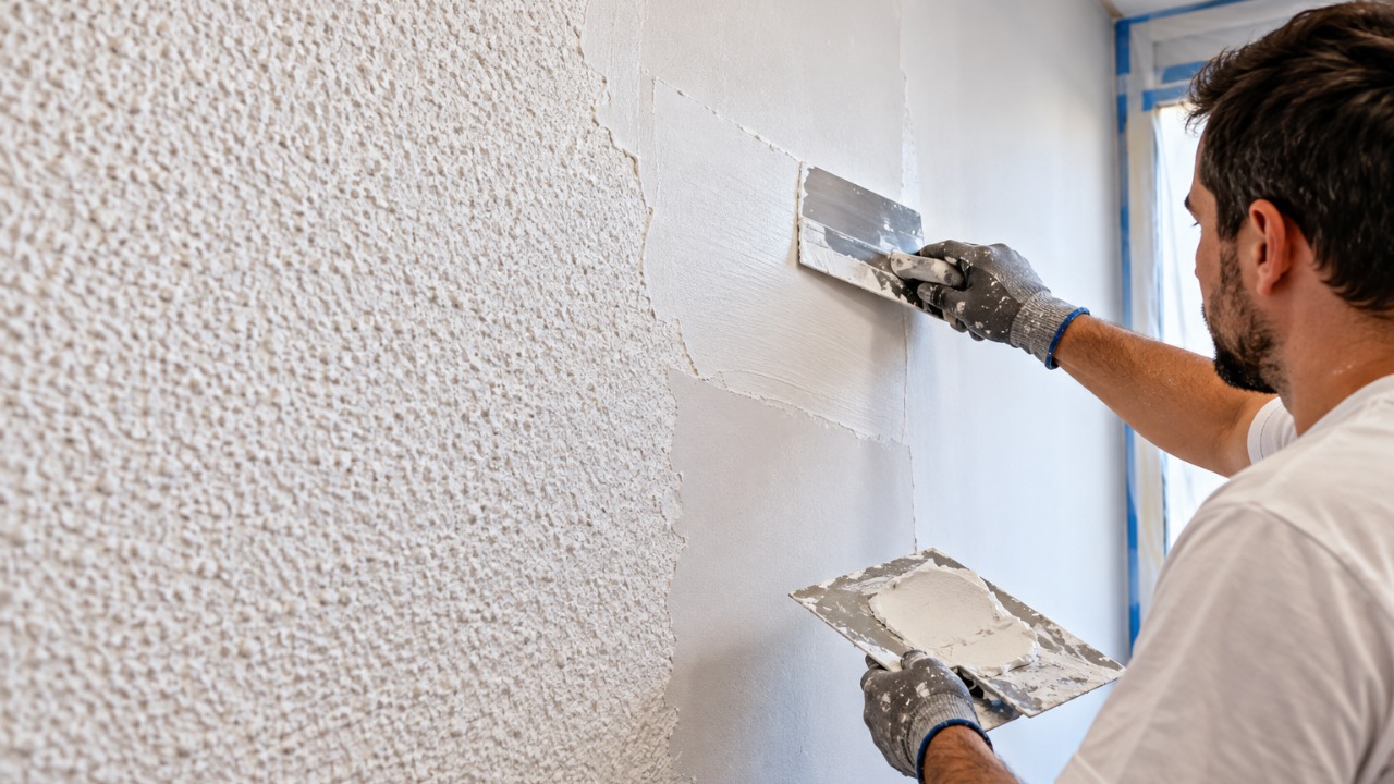 Pintores profissionais explicam como tirar o gotelé da parede usando lixamento e camadas de massa alisadora para conseguir um acabamento liso antes da pintura