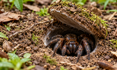 A aranha que constrói armadilhas subterrâneas com portas camufladas, permanece escondida durante longos períodos e detecta as vibrações de pequenos animais que passam perto da entrada, utilizando uma técnica de caça que depende da surpresa