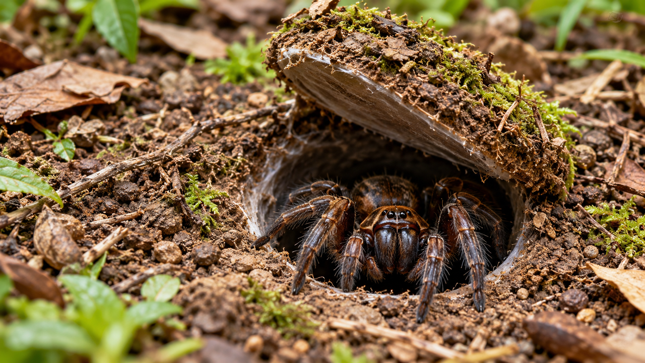 A aranha que constrói armadilhas subterrâneas com portas camufladas, permanece escondida durante longos períodos e detecta as vibrações de pequenos animais que passam perto da entrada, utilizando uma técnica de caça que depende da surpresa