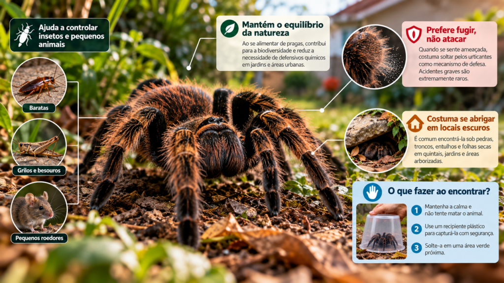 Muita gente remove a aranha-caranguejeira por medo, mas poucos sabem o papel que ela desempenha ao controlar insetos e pequenos animais no ambiente