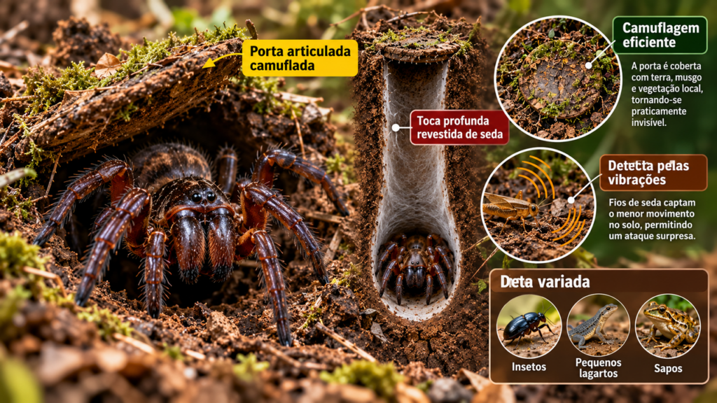 A aranha que constrói armadilhas subterrâneas com portas camufladas, permanece escondida durante longos períodos e detecta as vibrações de pequenos animais que passam perto da entrada, utilizando uma técnica de caça que depende da surpresa