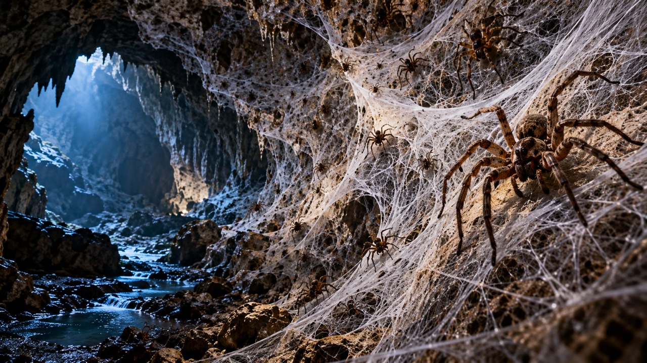 Teia de aranha cobre 106 metros quadrados de uma caverna na divisa entre Albânia e Grécia, abrigando mais de 111 mil animais